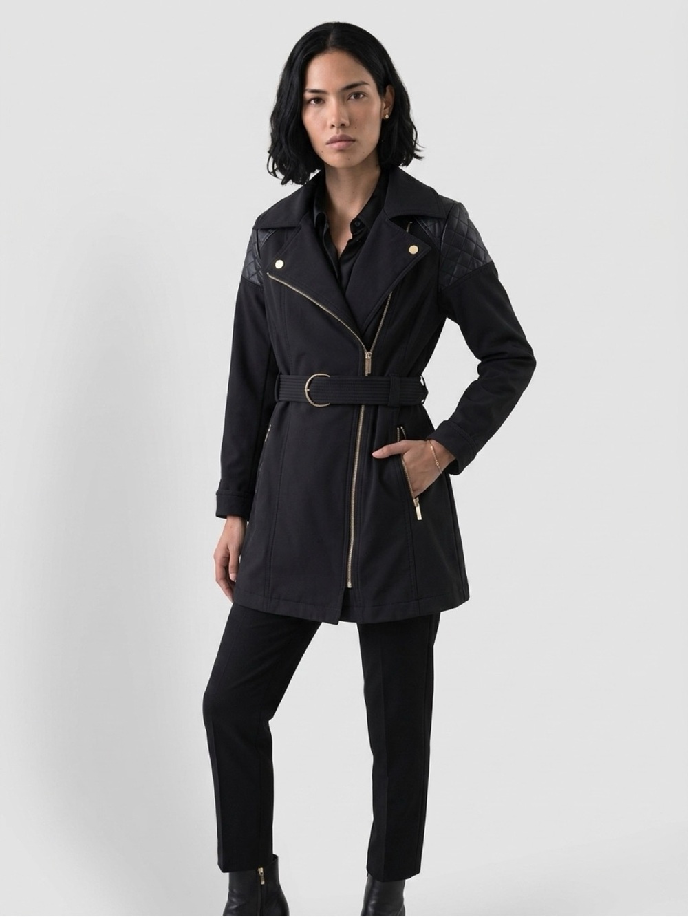 MICHAEL Michael Kors Black Quilted-Shoulder Belted Trench with Gold Accents❤️